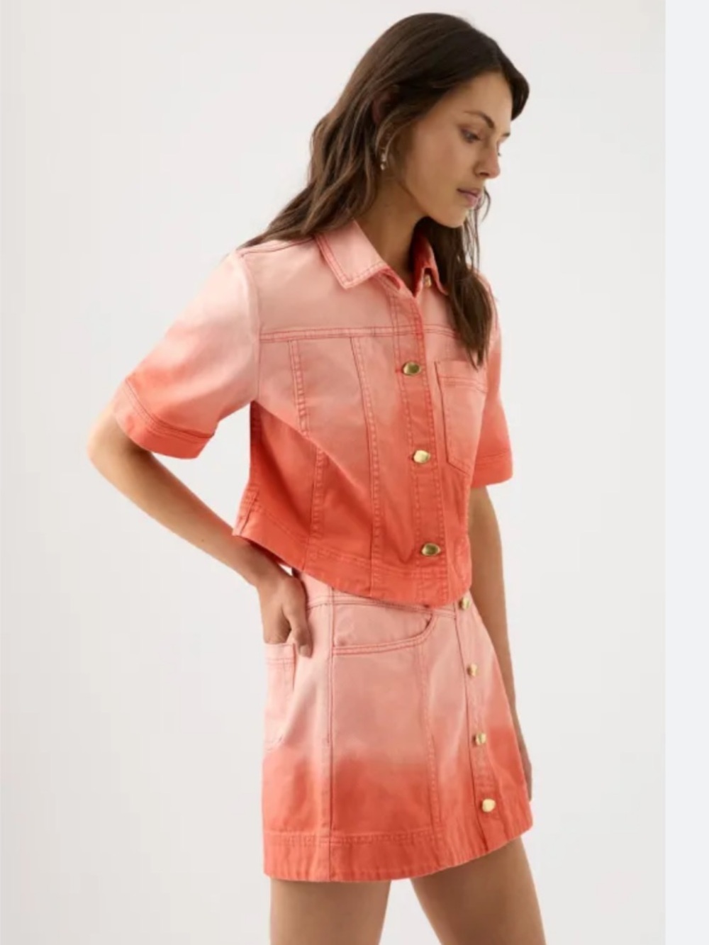 Ombre Coral Button-Front Denim Skirt set